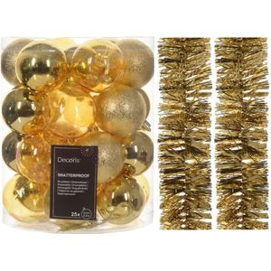 Kerstversiering set - goud - kerstballen 6 cm en kerstslingers - kunststof
