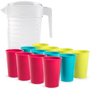 Water/limonade schenkkan/sapkan 2 liter met 12x stuks kunststof gekleurde glazen van 360 ML voordeelset