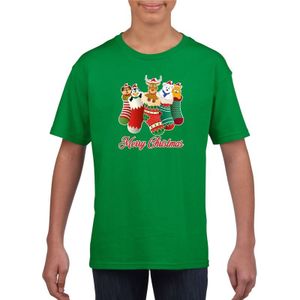 Kerst t-shirt / shirt kids - Merry Christmas dieren kerstsokken groen voor kinderen - kerstkleding / christmas outfit