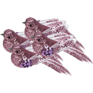 4x stuks kunststof decoratie vogels op clip roze met pailletten 15 cm - Decoratievogeltjes - Kerstboomversiering