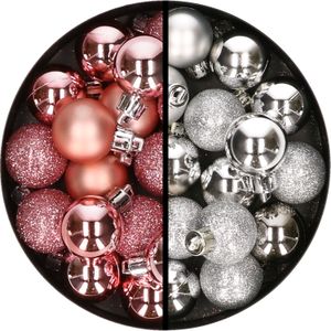 Kerstballen 34x st - 3 cm - roze en zilver - kunststof