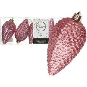 6x Oud roze glitter dennenappels kerstballen 8 cm Onbreekbare plastic kersthangers- Kerstboomversiering oud roze