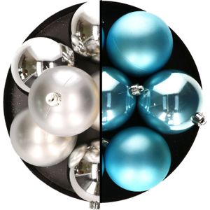 Decoris Kerstballen - 12x st - 8 cm - zilver en blauw - kunststof