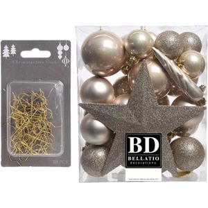 33x stuks kunststof kerstballen met ster piek parel/champagne inclusief gouden kerstboomhaakjes - Kerstversiering