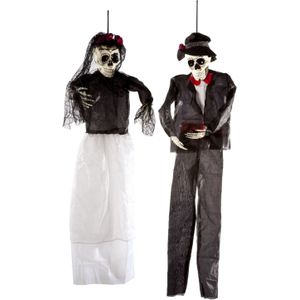 Set van 2x hangende horror decoratie skelet 92 cm Day Of Death dame en heer - Halloween thema versiering poppen