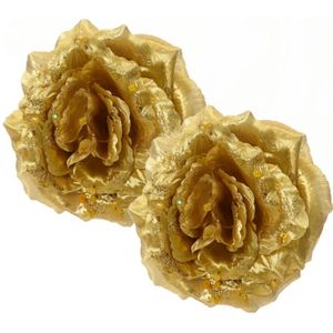 Decoris Kerstboom bloemen - 2x st - goud - 14 cm - op clip - kerstrozen