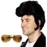 Rock and Roll ster Elvis verkleed set - herenpruik zwart met kuif - en bril goud montuur