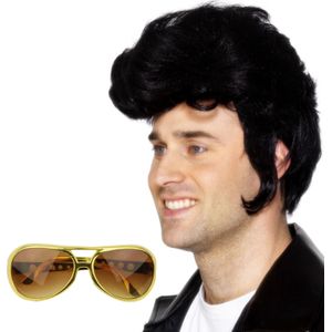 Rock and Roll ster Elvis verkleed set - herenpruik zwart met kuif - en bril goud montuur