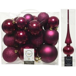 Kerstversiering kunststof kerstballen framboos roze 6-8-10 cm pakket van 27x stuks - Met glans glazen piek van 26 cm
