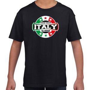 Have fear Italy is here t-shirt met sterren embleem in de kleuren van de Italiaanse vlag - zwart - kids - Italie supporter / Italiaans elftal fan shirt / EK / WK / kleding