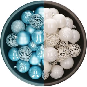 Decoris kerstballen - 74x st - wit en ijsblauw - 6 cm - kunststof