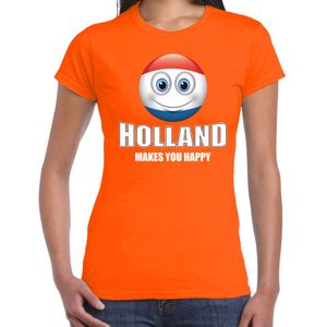 Holland makes you happy landen t-shirt met emoticon - oranje - dames -  shirt met Nederlandse vlag - EK / WK kleding