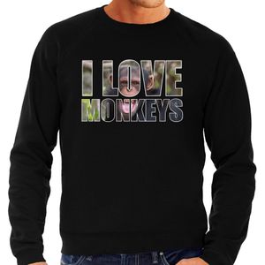 Tekst sweater I love chimpanzee monkeys met dieren foto van een chimpansee aap zwart voor heren - cadeau trui apen liefhebber
