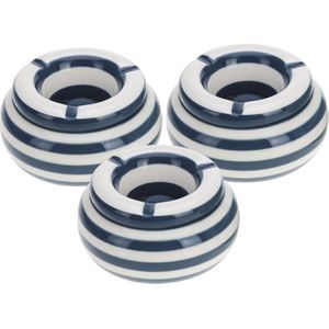 3x stuks donkerblauw met wit gestreepte asbakken 11 cm - Stormasbakken van keramiek