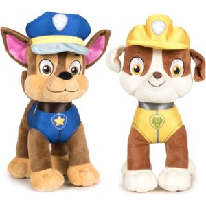 Paw Patrol figuren speelgoed knuffels set van 2x karakters Chase en Rubble 19 cm - De leukste hondjes