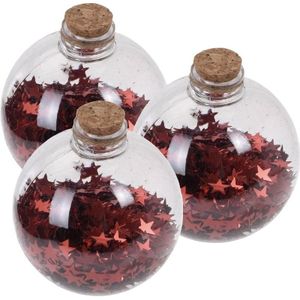 3x Transparante fles kerstballen met rode sterren 8 cm - Onbreekbare kerstballen - Kerstboomversiering rood