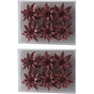 18x stuks decoratie bloemen rozen roze glitter op ijzerdraad 8 cm - Decoratiebloemen/kerstboomversiering/kerstversiering