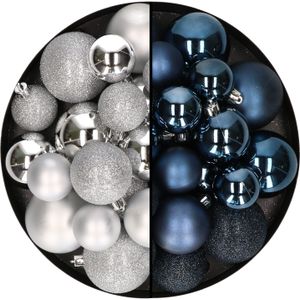 Kerstballen 60x stuks - mix zilver/donkerblauw - 4-5-6 cm - kunststof - kerstversiering