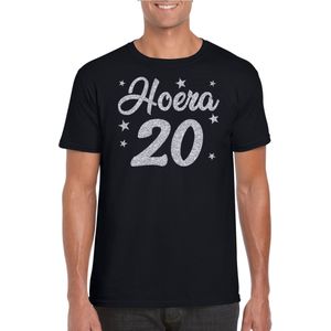 Hoera 20 jaar verjaardag / jubileum cadeau t-shirt - zilver glitter op zwart - heren - cadeau shirt