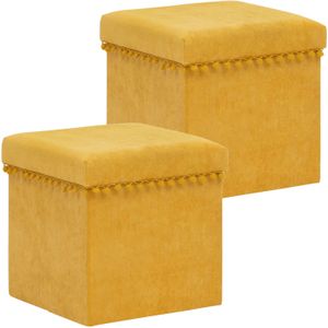 Atmosphera Poef/krukje/hocker Arabic - 2x - Opvouwbare zit opslag box - fluweel Okergeel - D38 x H38 cm - MDF/polyester