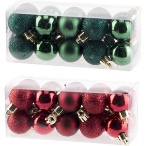 Kleine kunststof kerstballen 40x stuks - 3 cm - donkerrood en groen
