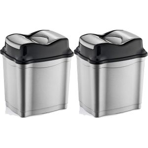 2x stuks zilver/zwarte vuilnisbak/vuilnisemmer kunststof 50 liter - Prullenbakken/afvalbakken - Kantoor/keuken prullenbakken