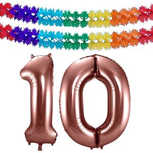 Folie ballonnen - Leeftijd cijfer 10 - brons - 86 cm - en 2x slingers