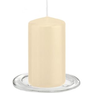 Trend Candles - Stompkaarsen met Glazen Onderzetters set van 2x Stuks Creme Wit 6 X 12 cm
