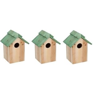 3x Houten vogelhuisje/nestkastje met groen dak 24 cm - Vogelhuisjes tuindecoraties