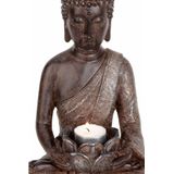 Boeddha beeldje met theelichthouder - binnen/buiten - kunststeen - antiek bruin - 30 x 18 cm