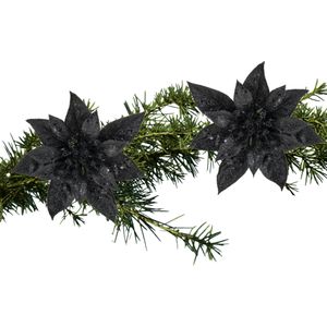 Kerstboom bloemen op clip -2x stuks - zwart glitter -kunststof - 15 cm