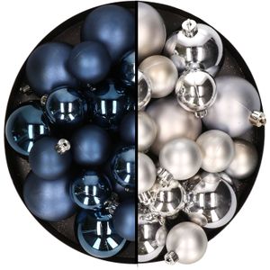 Kerstversiering kunststof kerstballen kleuren mix donkerblauw/zilver 6-8-10 cm pakket van 44x stuks