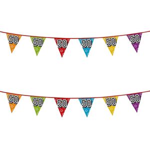 2x stuks vlaggenlijnen met glitters Sarah/Abraham 50 jaar thema feestartikelen - Verjaardag versieringen - 8 meter - Plastic