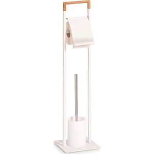 Zeller Toiletborstelhouder inclusief WC-rolhouder en borstel - wit - metaal / bamboe - 75 cm