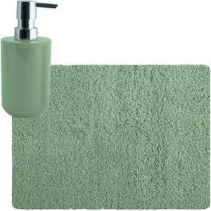 MSV badkamer droogloop tapijt/matje - Langharig - 50 x 70 cm - inclusief zeeppompje in dezelfde kleur - groen