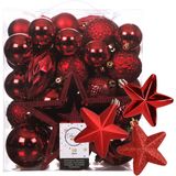 Kerstballen, kerstornamenten en piek - 56x stuks - rood - kunststof