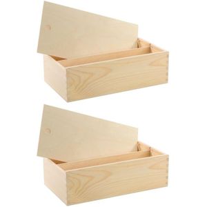 2x Houten wijnkisten/verpakkingen met schuifdeksel 35,5 x 20 x 10,8 cm - Wijnkistjes/wijndoosjes met dubbel vak - Relatiegeschenk/geschenkverpakkingen