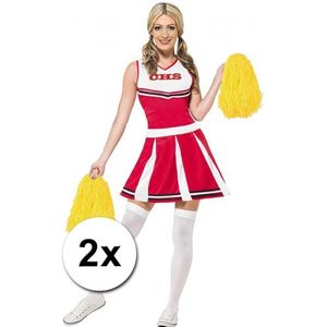 2x Stuks cheerball/pompom geel met ringgreep 28 cm - Cheerleader verkleed accessoires
