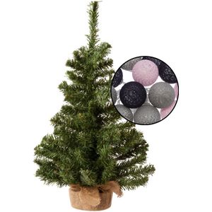 Mini kunst kerstboom groen - met lichtsnoer bollen mix grijs/lichtroze - H60 cm