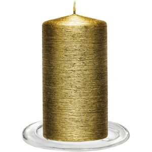 Trend Candles - Stompkaarsen met glazen onderzetters set van 2x stuks goud 7 x 13 cm