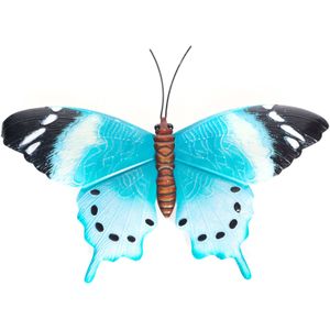 Schutting decoratie vlinders 48 cm blauw/zwart metaal - Metalen schutting decoratie vlinders - Dierenbeelden tuindecoratie