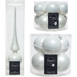 Compleet glazen kerstballen pakket winter wit glans/mat 32x stuks met piek glans - 20x 6 cm - 12x 8 cm