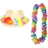 Carnaval verkleed set - Tropische Hawaii party - hoedje met LED lichtjes bloemenkrans - volwassenen