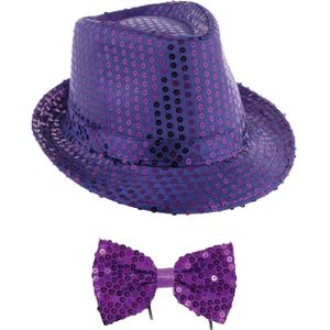 Carnaval verkleed setje - glitter hoedje en vlinderstrikje - paars - volwassenen - met pailletten