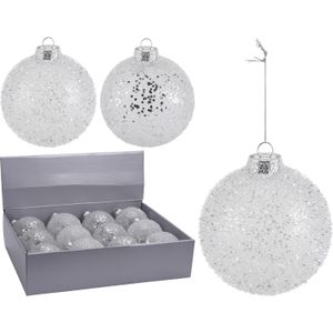 8x Zilveren glitter kerstballen kunststof 10 cm type 2 - Kerstboomversiering zilver