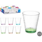 Vivalto Waterglazen/drinkglazen Colorama - 12x stuks - transparant/kleurenmix bodem - 375 ml - 9 x 10 cm