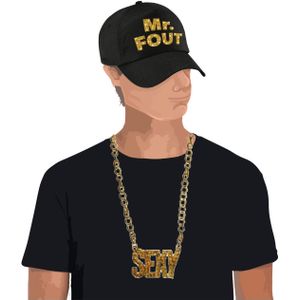 Foute party Mr. FOUT verkleed set pet zwart/goud voor heren met een plastic gouden sexy ketting