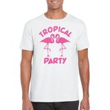 Bellatio Decorations Tropical party T-shirt heren - met glitters - wit/roze - carnaval/themafeest