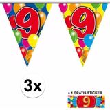 3x vlaggenlijn 9 jaar met gratis sticker