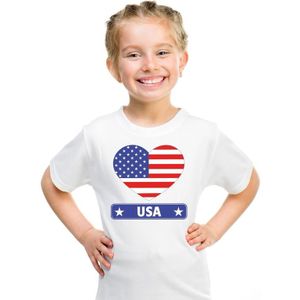 Amerika/ USA kinder t-shirt met Amerikaanse vlag in hart wit jongens en meisjes